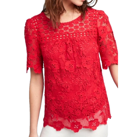 Anthropologie Vanessa Virginia Women's Top Size 4 Red Crochet Floral Mixed Print - Picture 1 of 8